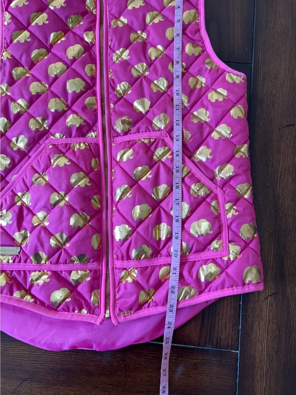 Simply Southern Puffer Vest Quilted Pink Gold Metallic Elephant Full Zip Medium - Picture 9 of 9